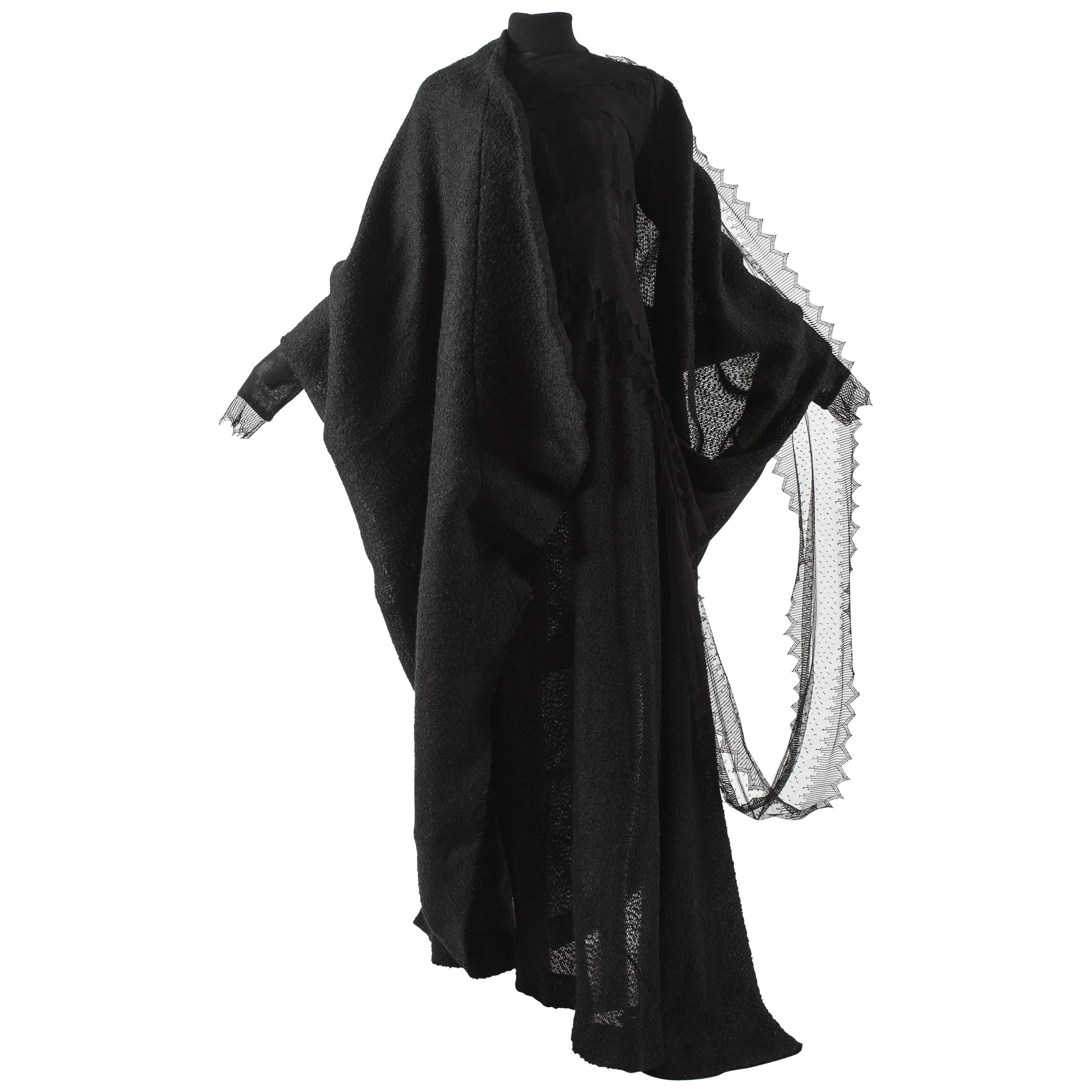 Ocimar Versolato Haute Couture black bouclé wool and knitted lace dress, fw 1998 For Sale