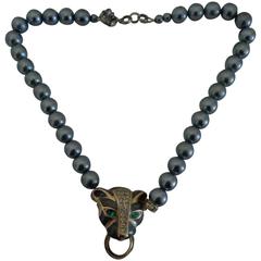 Kenneth Jay Lane for Avon Grey Faux Pearls with Tiger Necklace