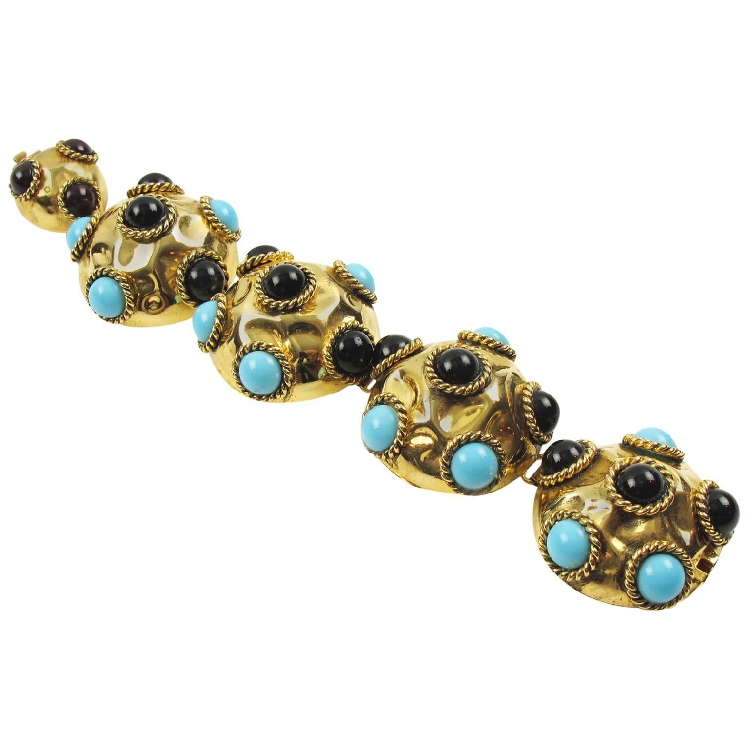 French Artisan Designer Jeweled Link Bracelet Resin & Poured Glass Cabochons