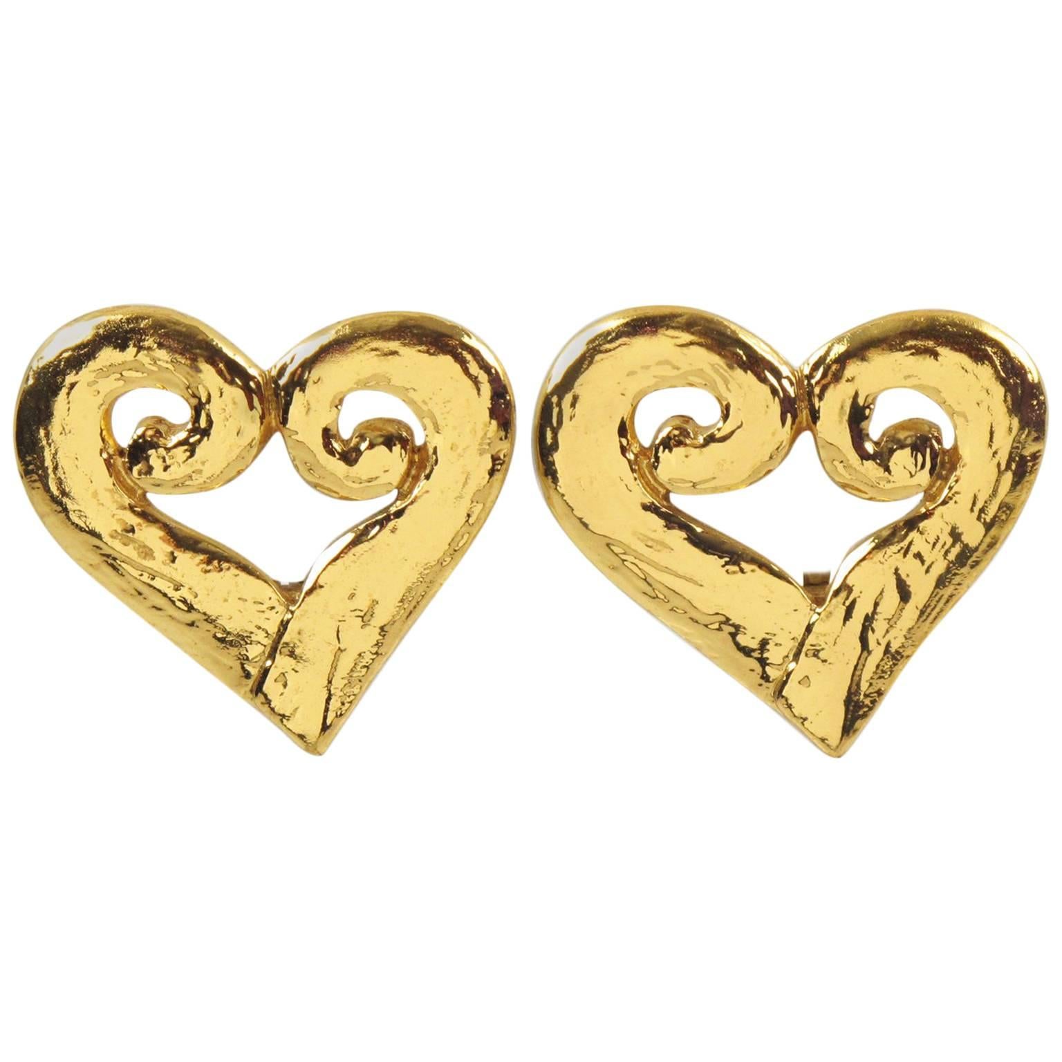 Vintage Yves Saint Laurent YSL Paris Signed Heart Clip on Earrings