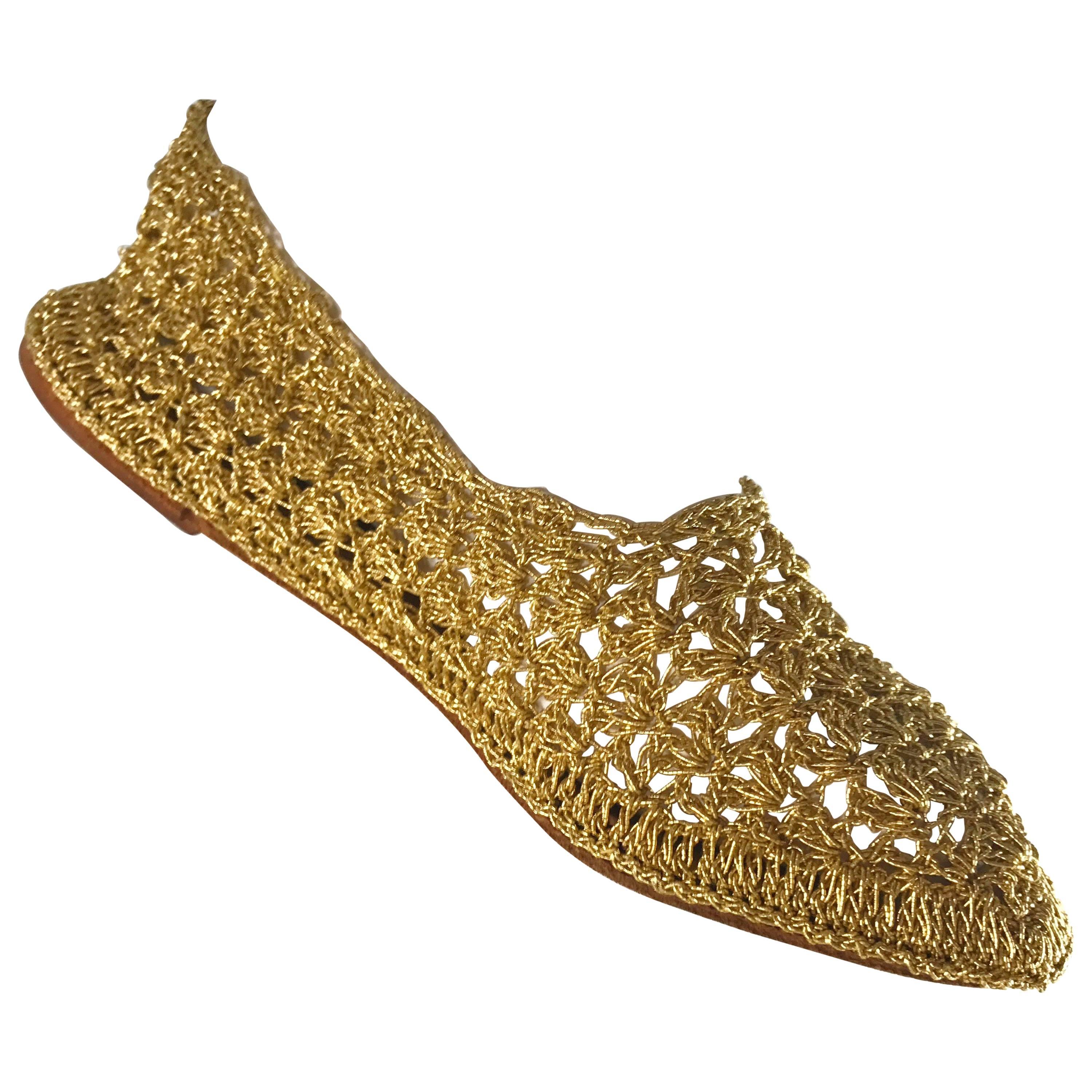 Rare New 1950s SAKS 5th Avenue Gold Metallic Raffia Vintage Flats Shoes 7 / 7.5
