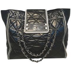 Chanel Black and Cream Quilted Leather Shoulder Bag Tote