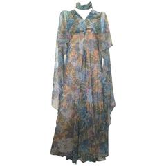 Frank Usher Maxi Dress Floral Chiffon Angel Caped 1970s Vintage 