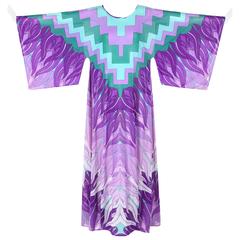 GOTTEX c.1970's Geometric Botanical Print Beach Caftan Chiffon Kimono Dress