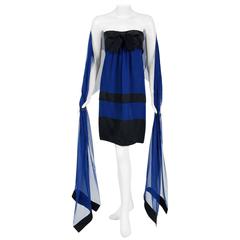 1992 Chanel Sapphire-Blue & Black Silk Strapless Bow Cocktail Dress & Shawl 4