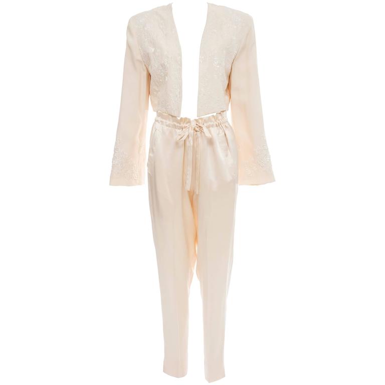 Donna Karan Cream Silk Embroidered Pant Suit, Circa 1980's For Sale at 1stDibs 1980s pantsuit