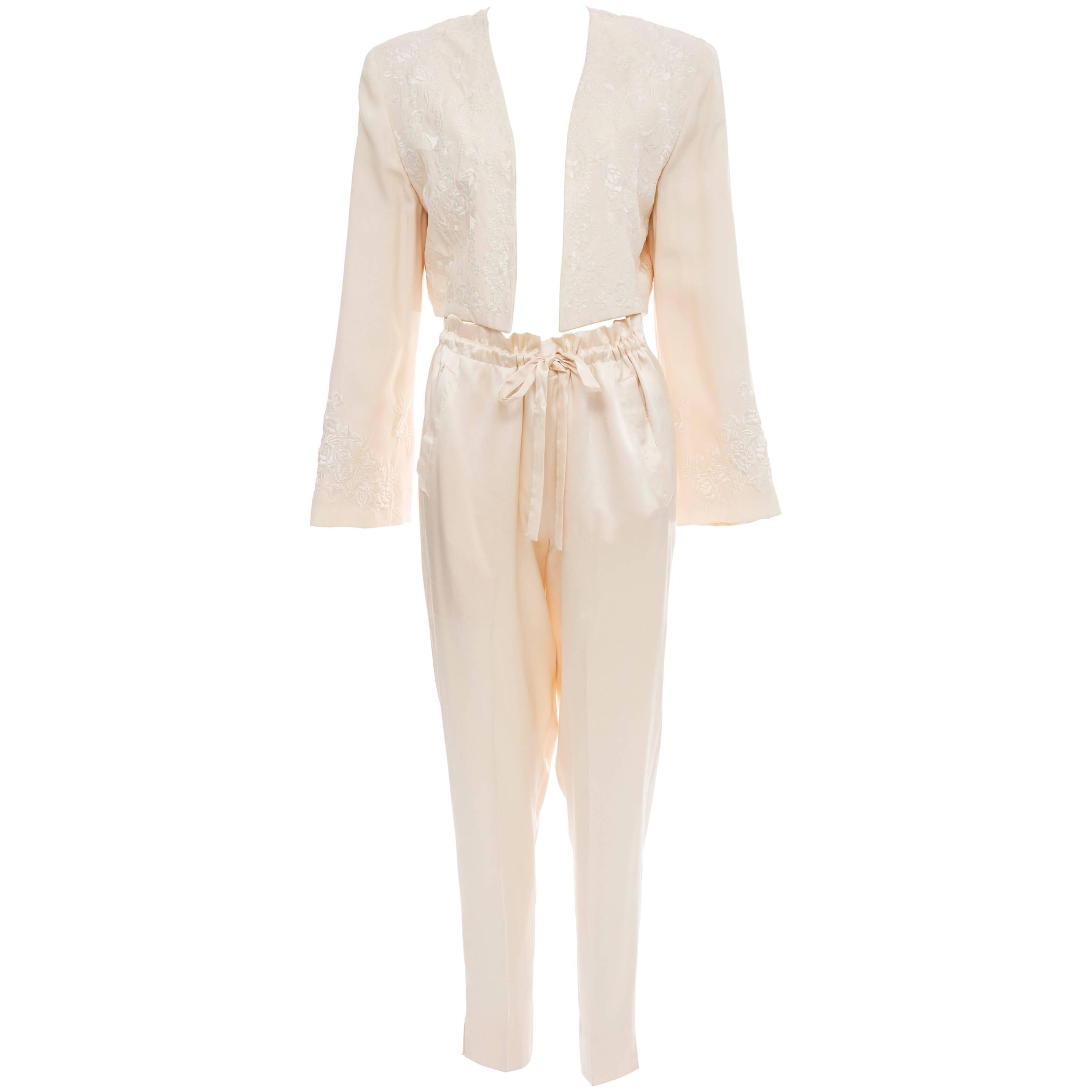 Donna Karan Cream Silk Embroidered Pant Suit, Circa 1980's For Sale