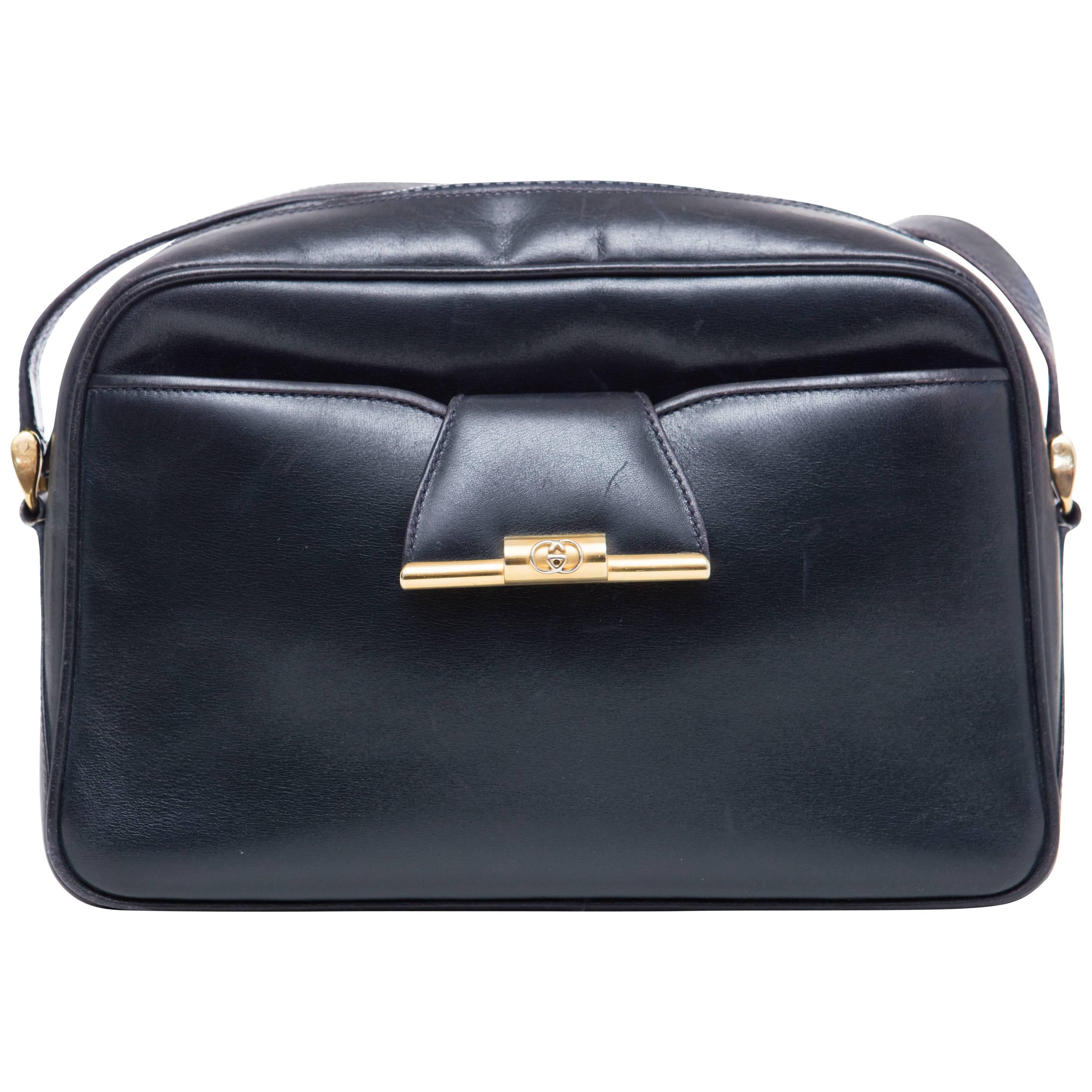 Gucci Navy Blue Leather Crossbody Bag With Detachable Wallet, Circa 1970's
