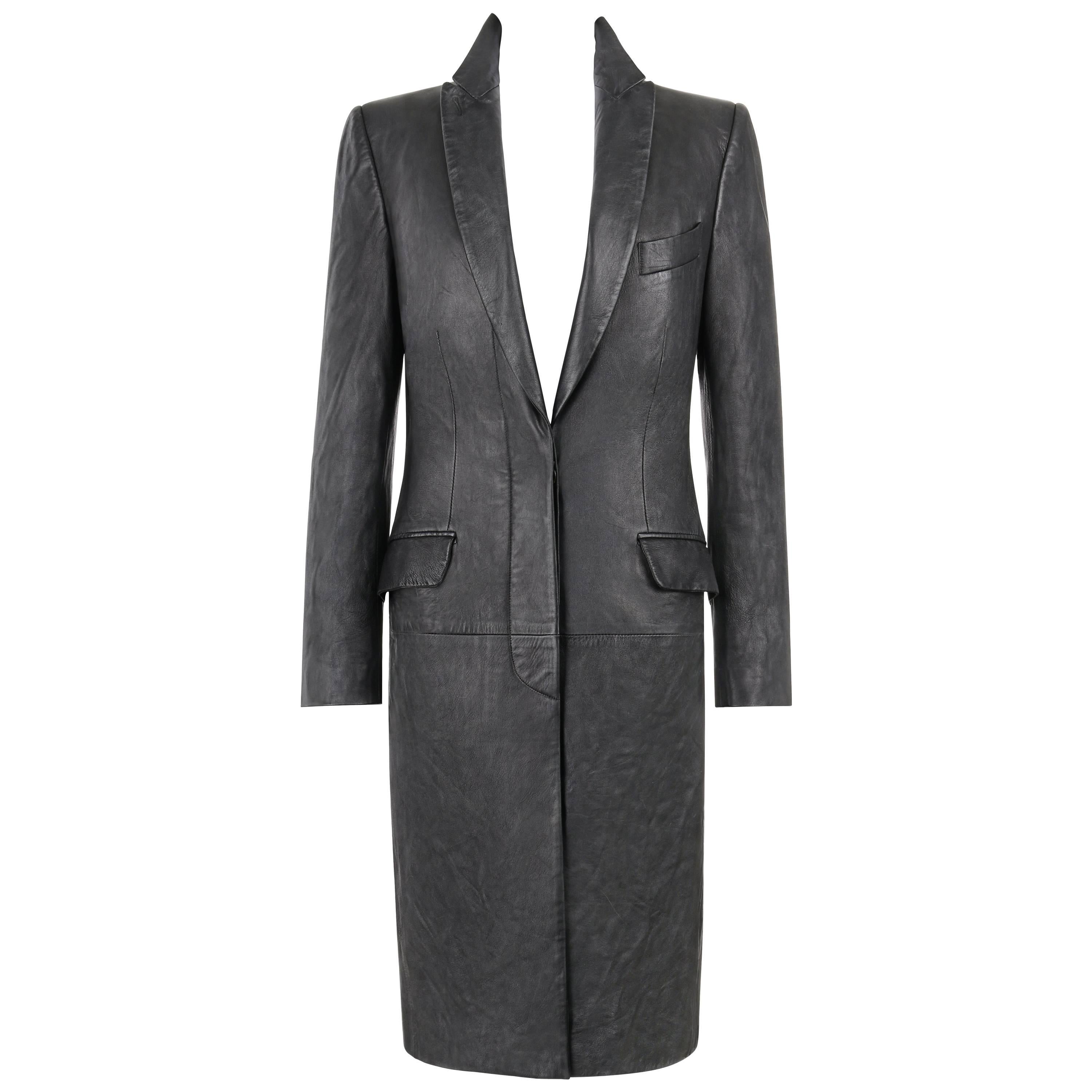 ALEXANDER McQUEEN A/W 1998 "Joan" Long Black Genuine Leather Coat Overcoat For Sale