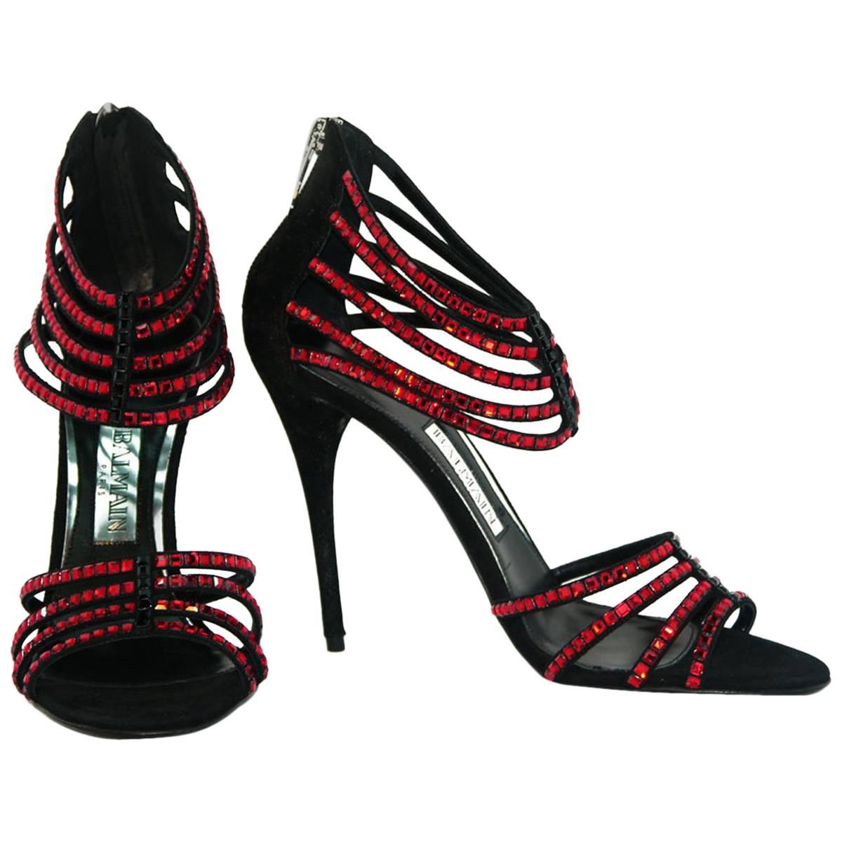 New BALMAIN Red Rhinestones Ankle Shoe Sandals Black Glitter Suede It 38.5 US 8.