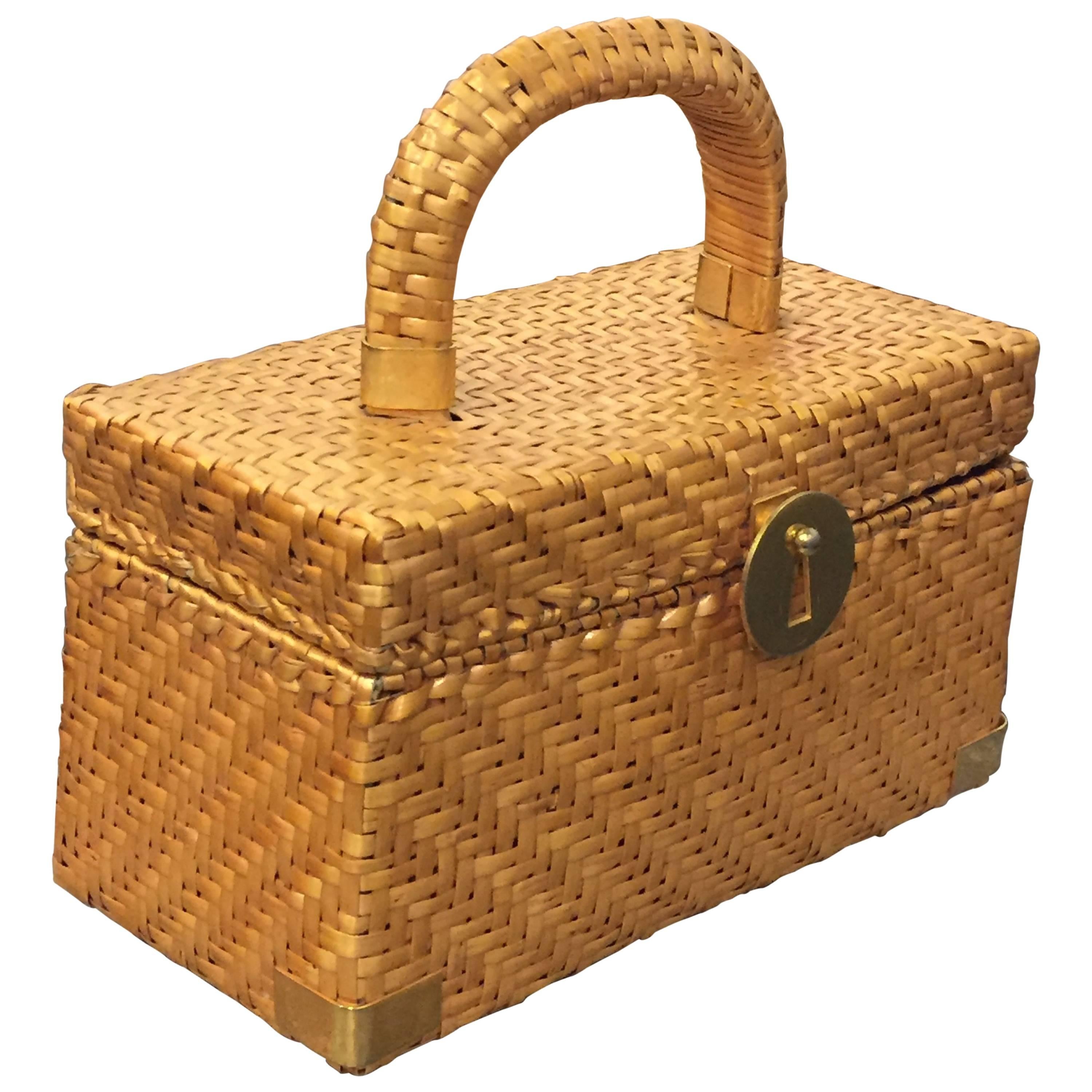1960's Koret Golden Wicker Box Bag w/ Gold Hardware 