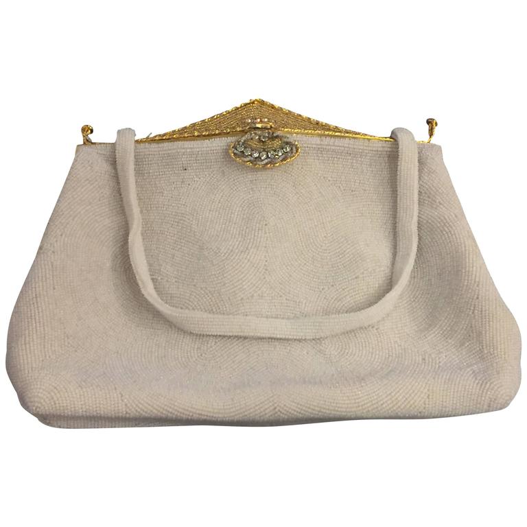1950's Joseph Magnin White Beaded Pagoda Frame Purse For Sale at
