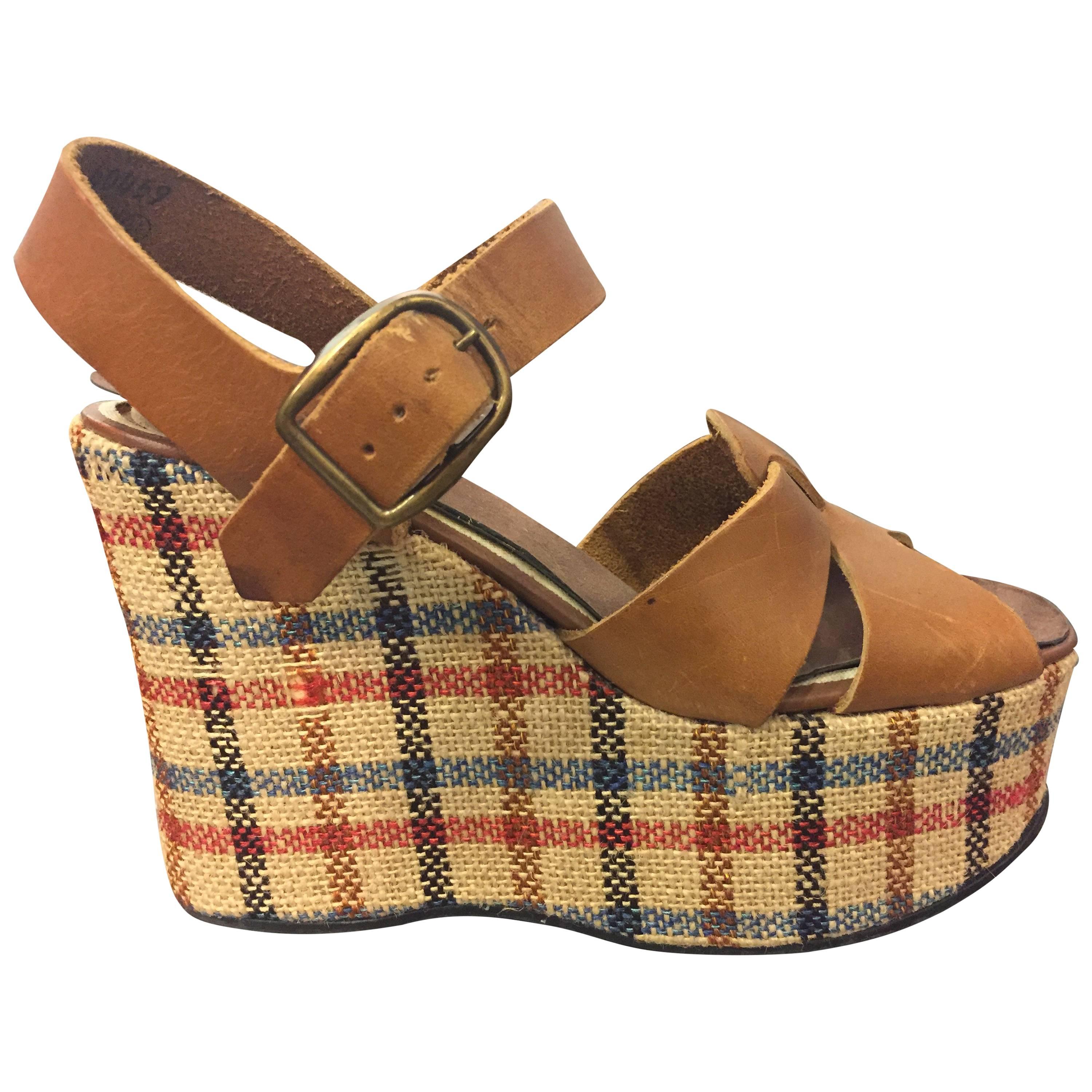 1960's Quality Craft Burlap Plaid Wedge Platforms For Sale