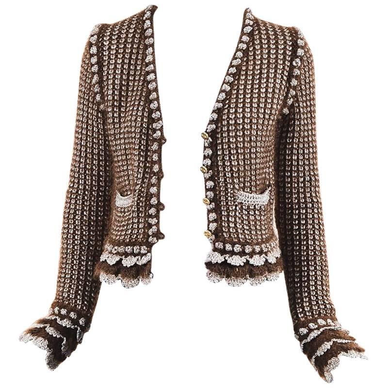 Chanel Autumn 2004 Brown & Metallic Silver Mohair Knit Buttoned Cardigan  For Sale
