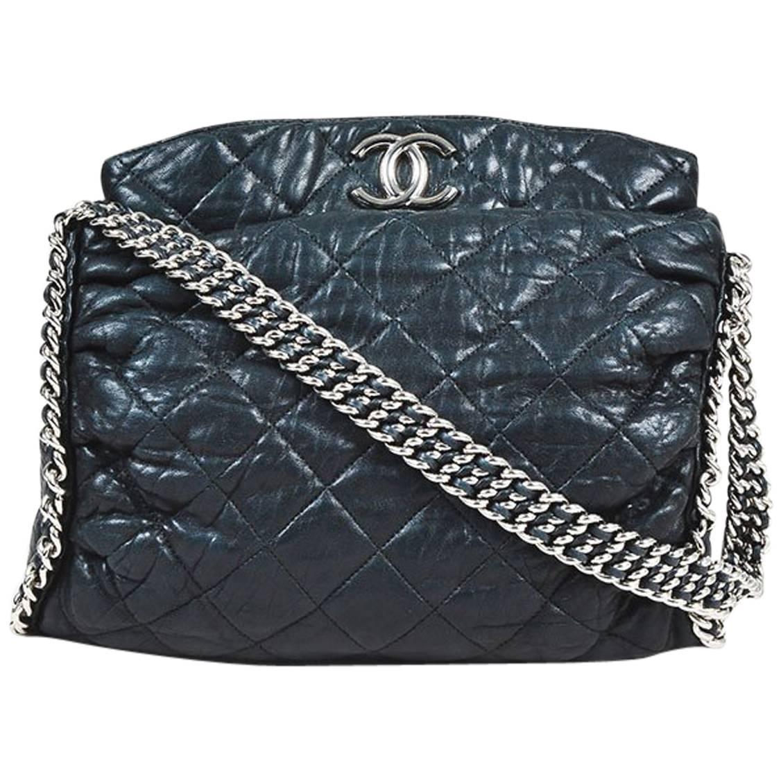 Chanel Black Lambskin Leather Silver Tone "Chain Around" Hobo Bag For Sale