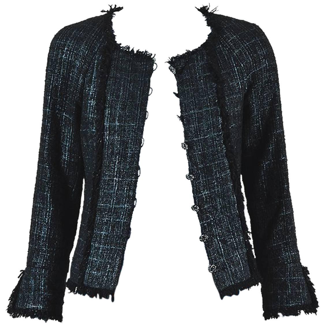 Chanel Autumn 2005 Black & Gray Coated Tweed Fringe 'CC' Button Jacket For Sale