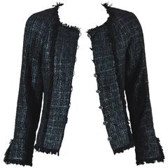 Chanel Autumn 2005 Black & Gray Coated Tweed Fringe 'CC' Button Jacket