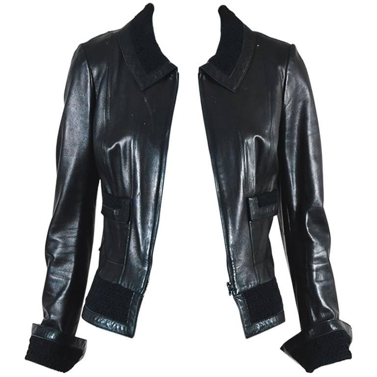 Chanel Autumn 2004 Black Lambskin & Silk Smocked Panel Jacket For Sale