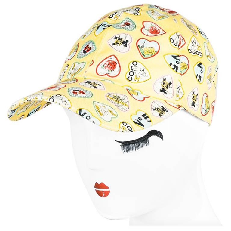 Chanel Yellow Multicolor Canvas 'COCO' Heart Print Baseball Hat For Sale