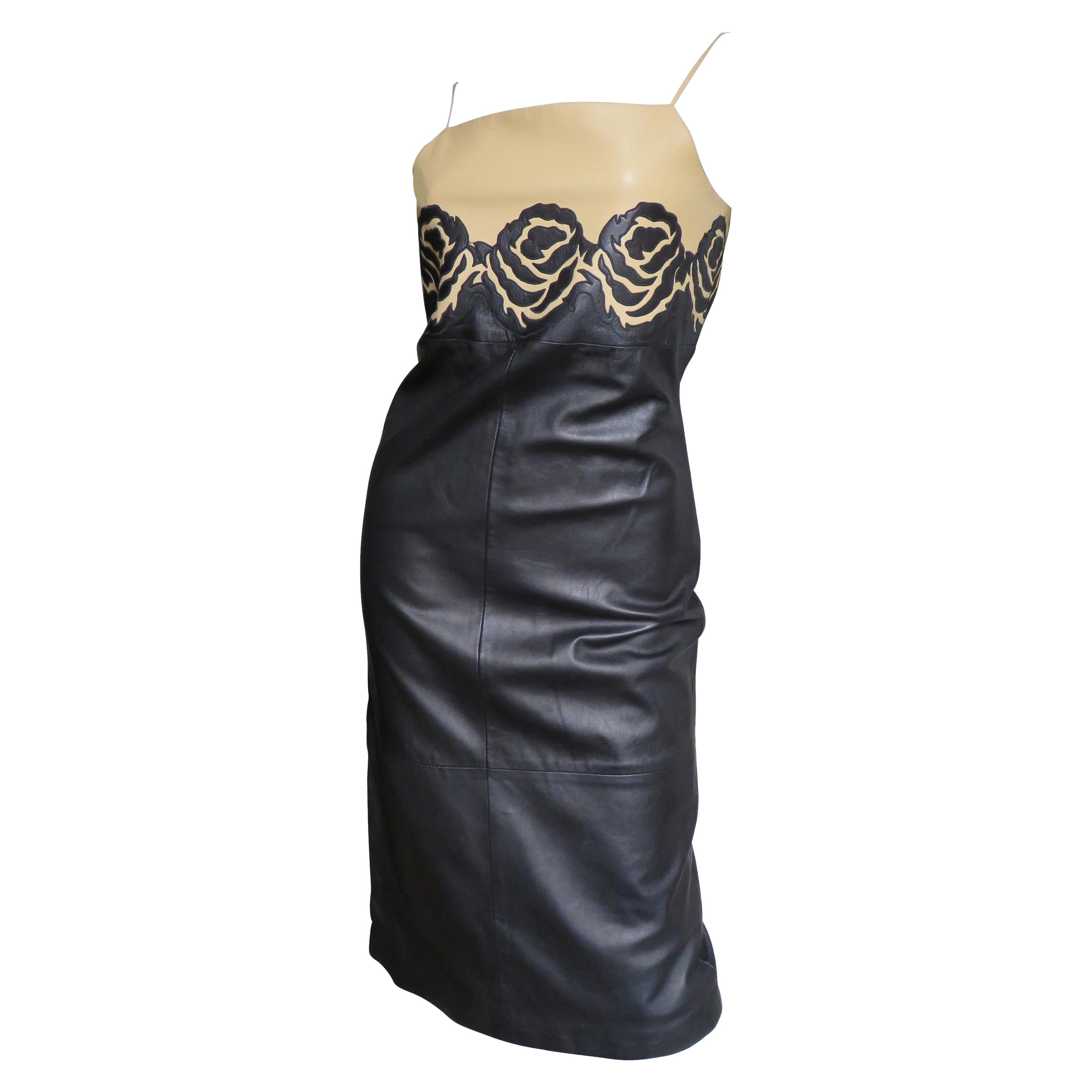  Gianni Versace Leather Color Block Dress with Applique Roses 1990s