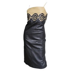 Vintage  Gianni Versace Leather Color Block Dress with Applique Roses 1990s