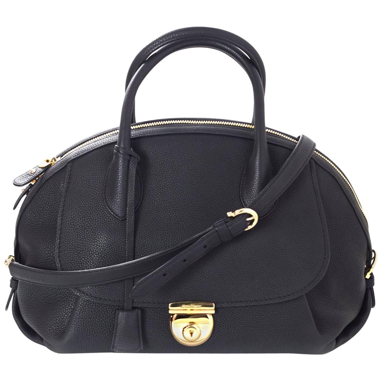 Salvatore Ferragamo Black Large Fiamma Satchel Bag