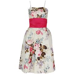 Retro 1950's Emma Domb Rose-Garden Floral Print Sequin Cotton Full-Skirt Party Dress
