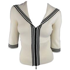 CHANEL 8 Cream & Black Stripe Cashmere Blend Nautical Sailor Collar Cardigan