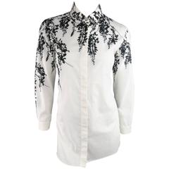 ANN DEMEULEMEESTER Size 6 White & Black Floral Print Cotton Blouse