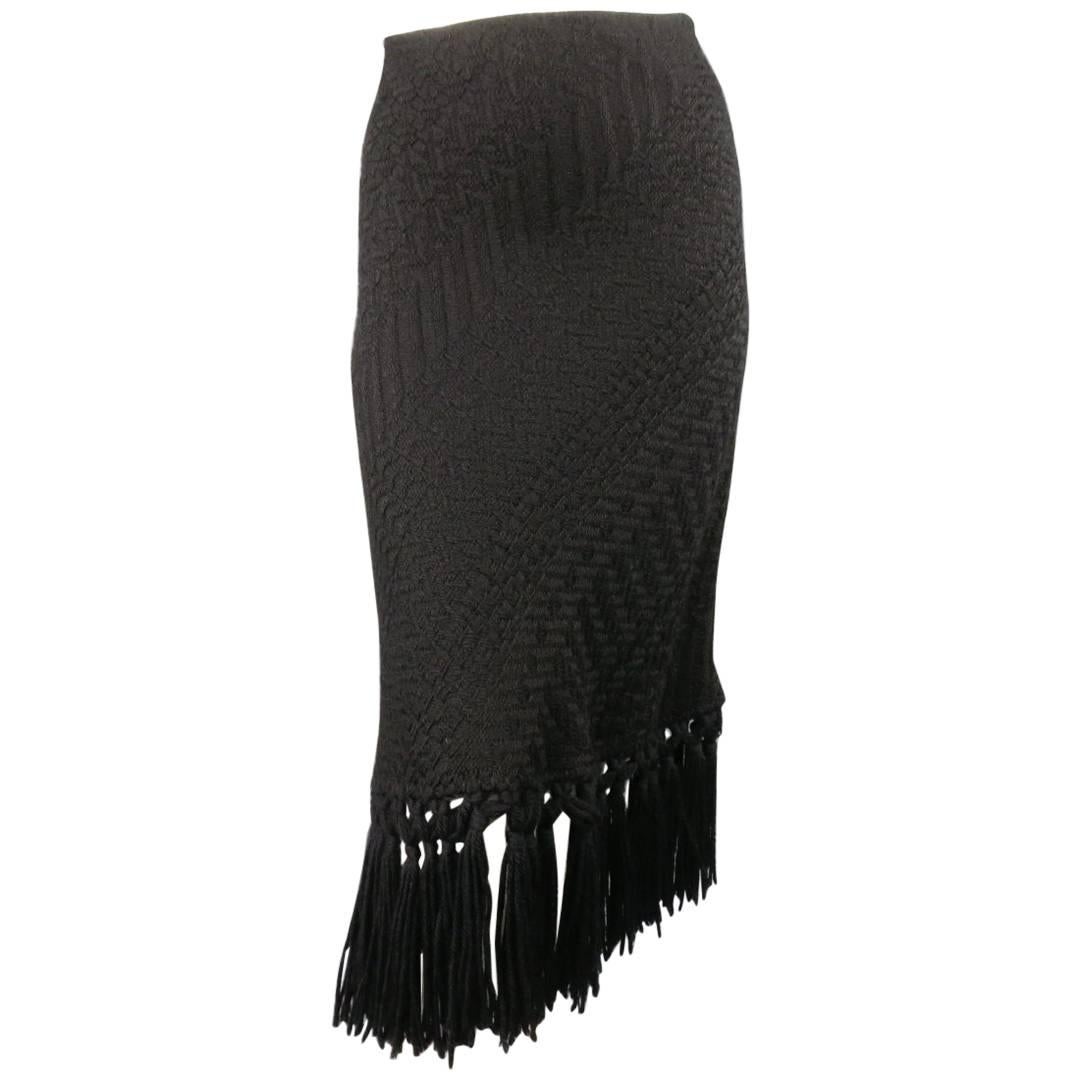 DOLCE & GABBANA Size 8 Black Textured Wool Fringe A Line Skirt