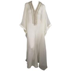 OSCAR DE LA RENTA Beige Textured Silk Fringe Embellished Trim Kaftan Gown