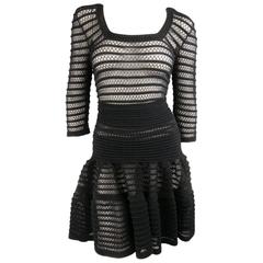 ALAIA Size M Black Mesh Knit Scoop Neck Ruffle Skirt Set