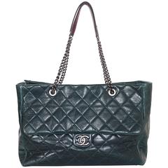 Chanel Green Distressed Leather Quilted CC Tote Bag