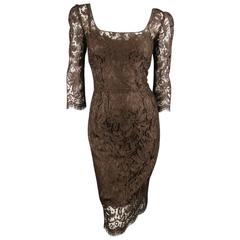 DOLCE & GABBANA Size 8 Brown Lace Scoop Neck 3/4 Sleeve Cocktail Dress