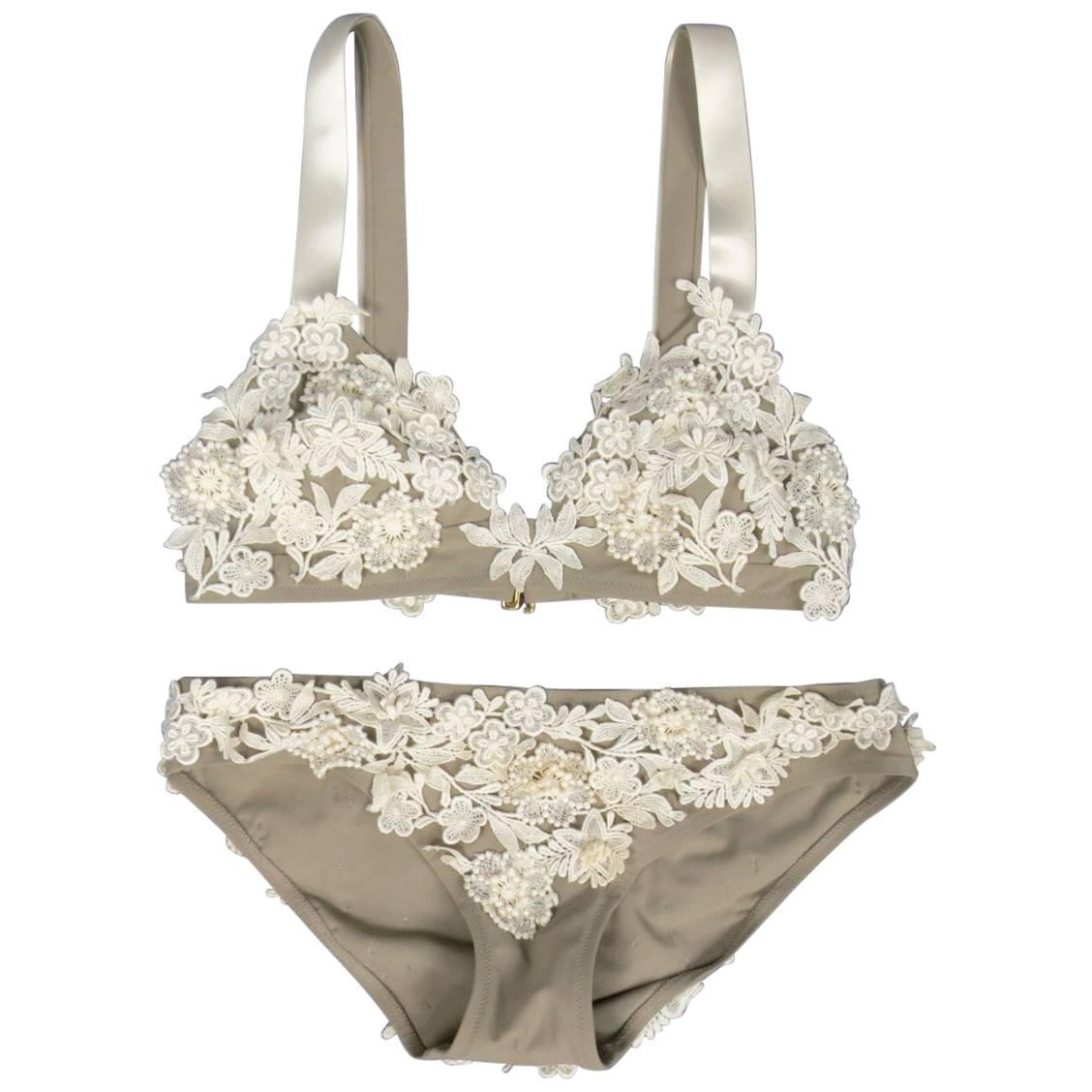 OSCAR DE LA RENTA Bridal Size M Taupe & Creame Lace Applique Lingerie Set