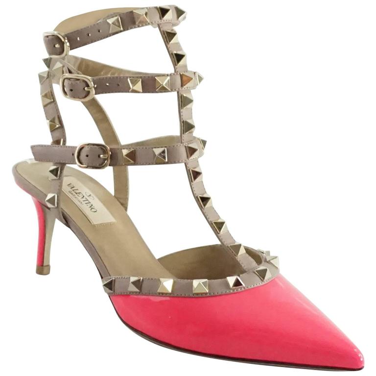 Valentino Neon Pink Patent and Taupe Rock Stud Kitten Heel Shoes - 37 ...