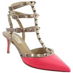 Valentino Neon Pink Patent and Taupe Rock Stud Kitten Heel Shoes - 37