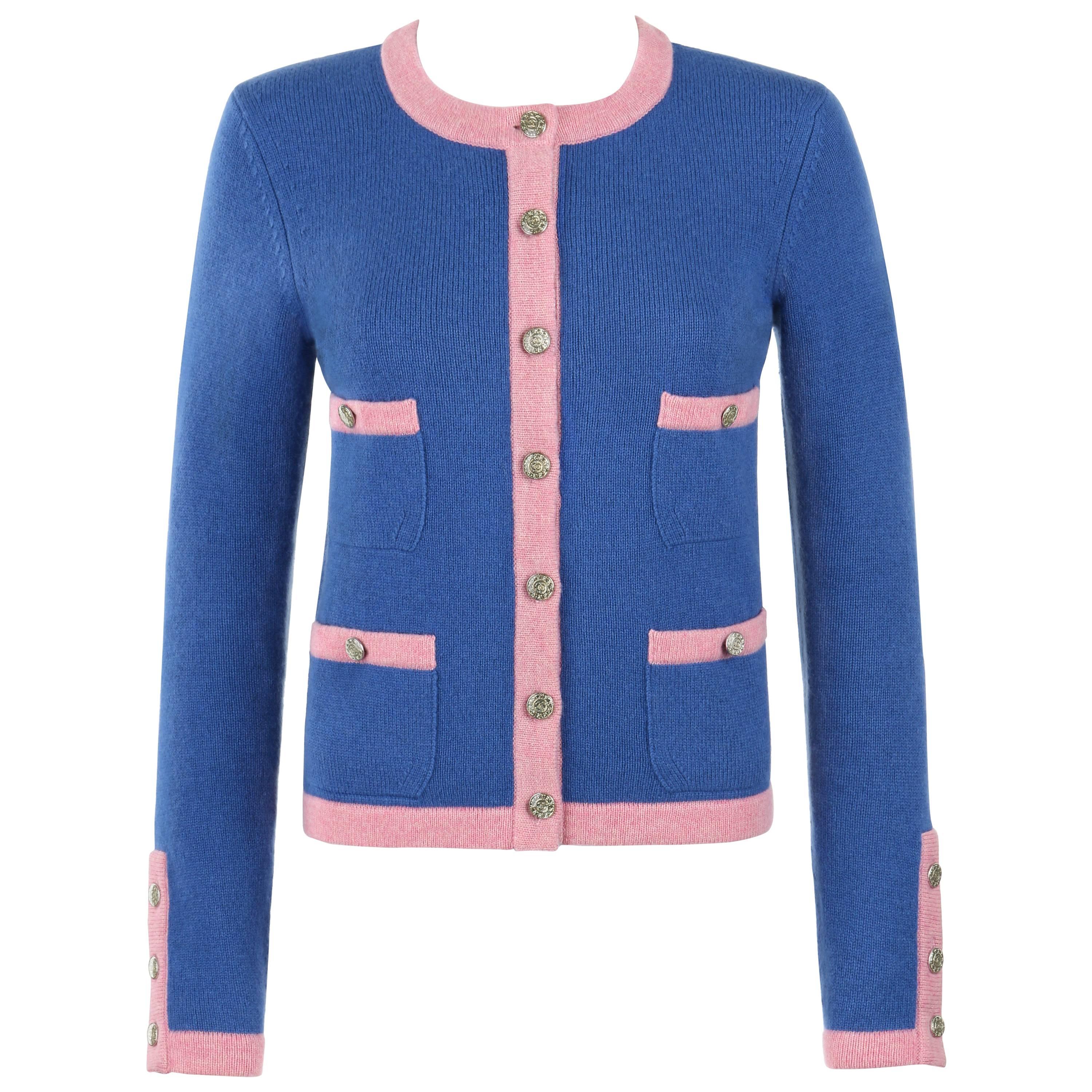 CHANEL S/S 2013 True Blue & Pink Four Pocket Cashmere Bi-color Classic Cardigan 