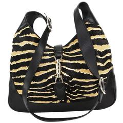 Used New Gucci Jackie Hobo Zebra Print Pony Hair Extra Long Strap Black Caramel