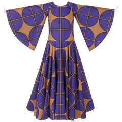 MARIMEKKO c.1971 Lila &amp; Braun Baumwolle Kreis Fensterpane Druck Maxikleid