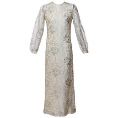 Vintage 1960s Anonymous Silver Lace Long Sleeve Column Evening Dress Gown