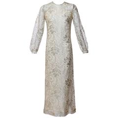 A Spectacular Anonymous 1960s Silver Lace Long Sleeve Column Evening Dress Gown 2