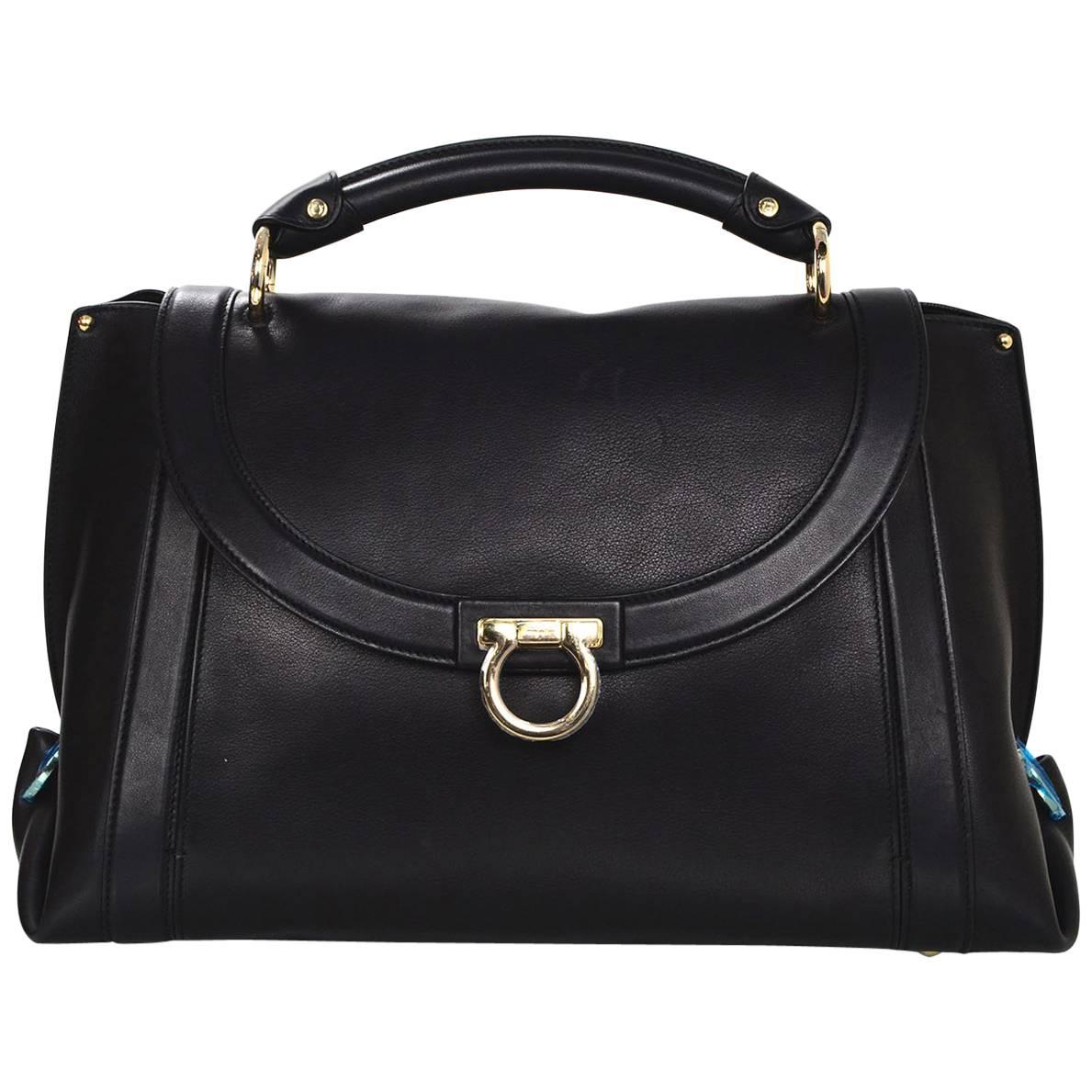 Salvatore Ferragamo Black Soft Leather Sofia Satchel Bag w/ Crossbody Strap