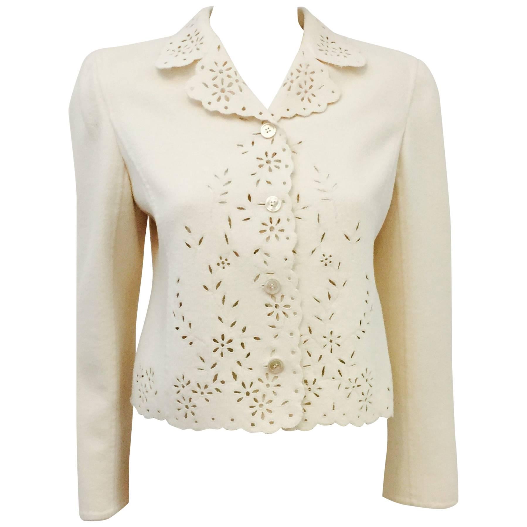 Valentino Ivory Wool and Cashmere Jacket With Eyelet Trim and Detail