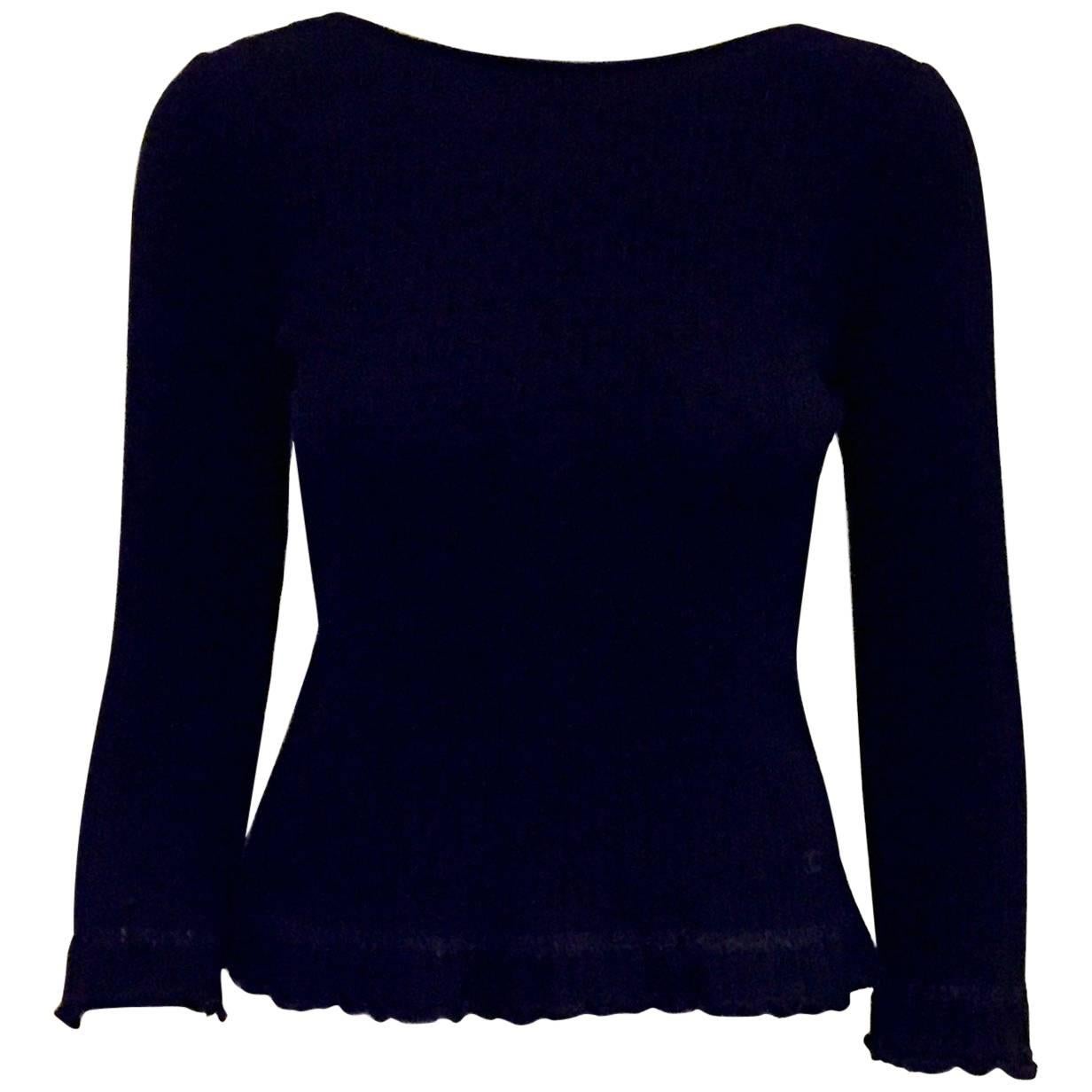 Chanel Black Cashmere  Pullover With Deep V Back And Ruffled Hem For Sale