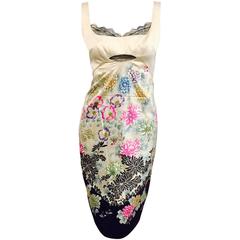 Roberto Cavalli Ivory Silk Exotic Floral Print Sleeveless Sheath With Black Lace 12