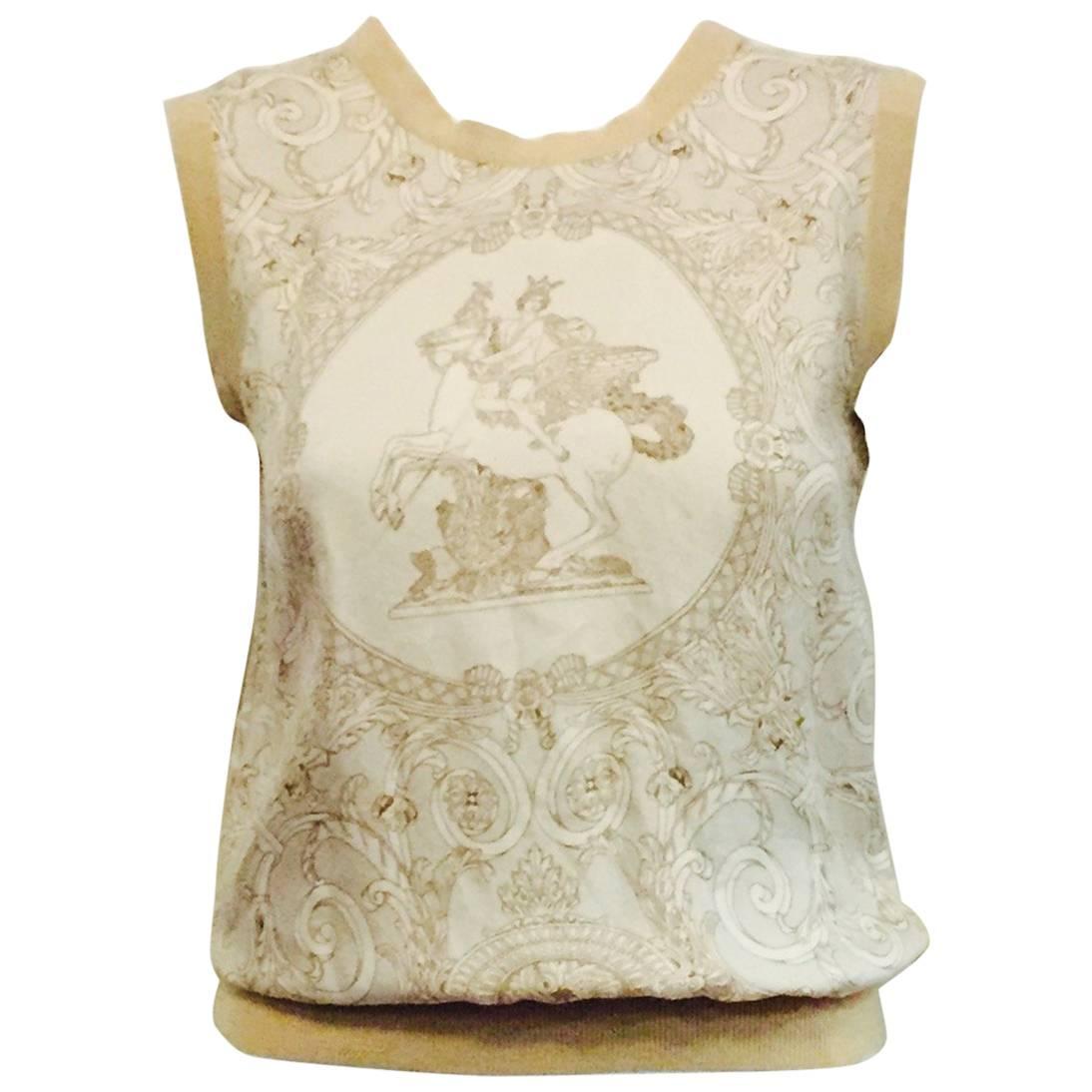 Hermès Tan Silk Hermès on Pegasus Print Sleeveless Top With Banded Trim  For Sale