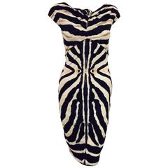 Roberto Cavalli Viscose Zebra Print Sheath Dress With Cap Sleeves 8