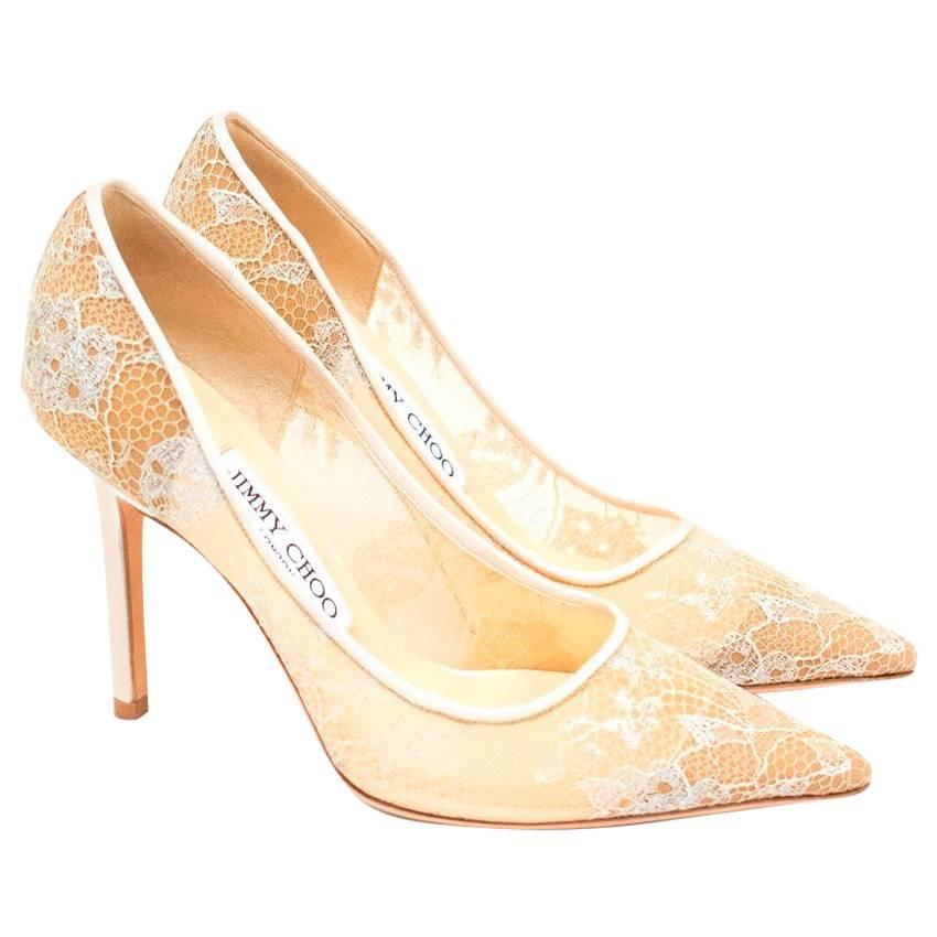 Jimmy Choo White Abel 90 Lace Point Toe Pumps For Sale