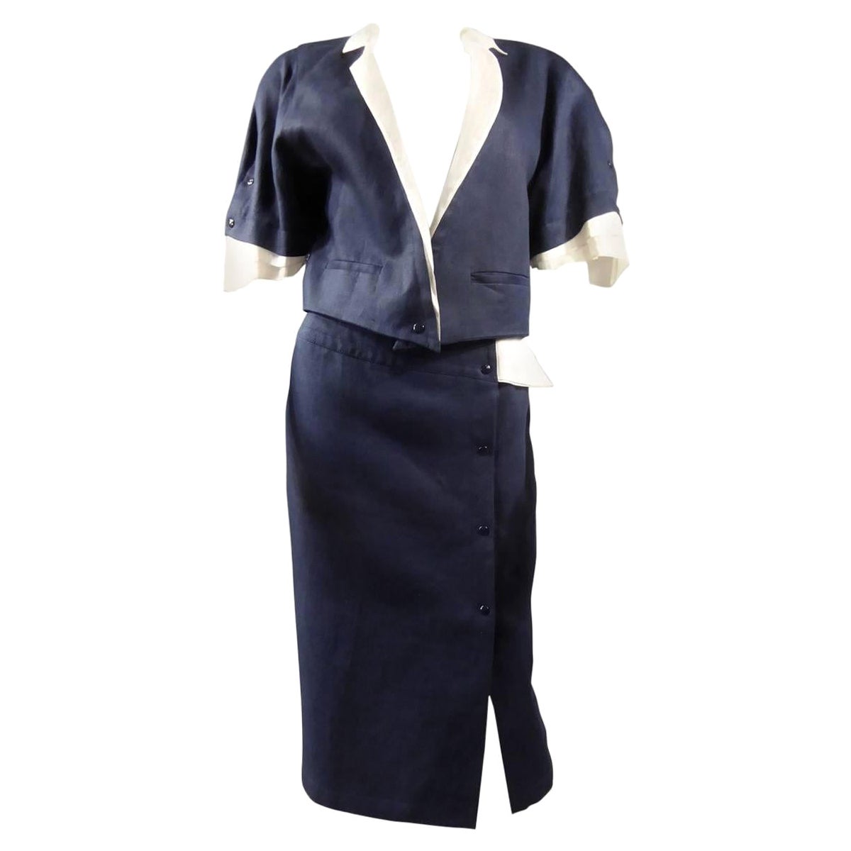 A Navy & White Organza Skirt Suit by Claude Montana - French Circa 1980